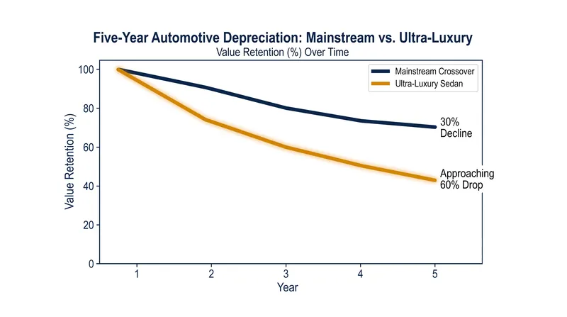 Mainstream vehicles lose value gradually, while luxury models experience a front-loaded collapse.