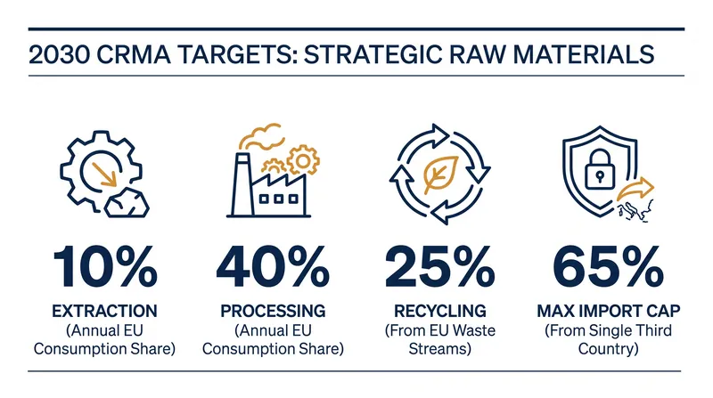 The four binding benchmarks established by the Critical Raw Materials Act for 2030.