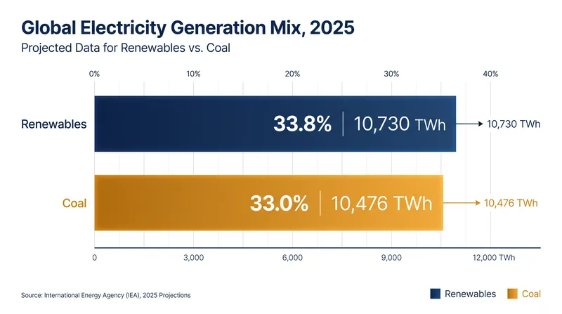 Renewables edged out coal by a narrow 0.8 percentage point margin in 2025.