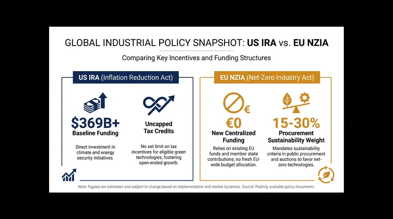 A comparison of the core mechanisms driving the US and EU industrial strategies.