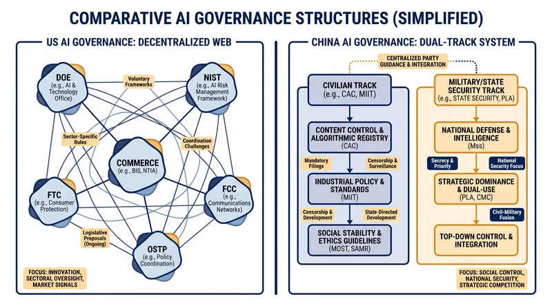 Structural comparison of AI regulatory authority in the US and China.