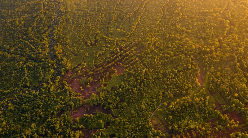An artistic reconstruction of an Aquiry ceremonial center, featuring massive earthen embankments.