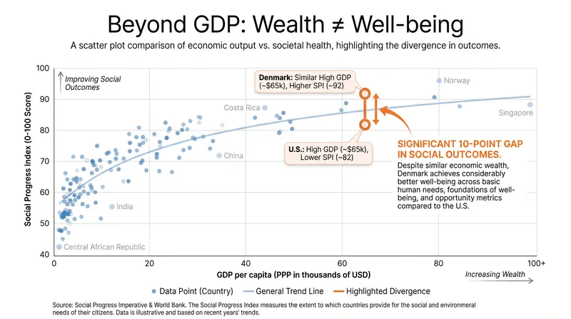 Economic wealth does not guarantee social progress, as demonstrated by the gap between GDP peers.