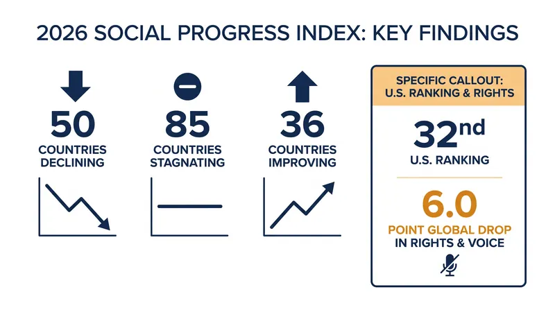 Global social progress has stalled, with 50 countries showing measurable declines.