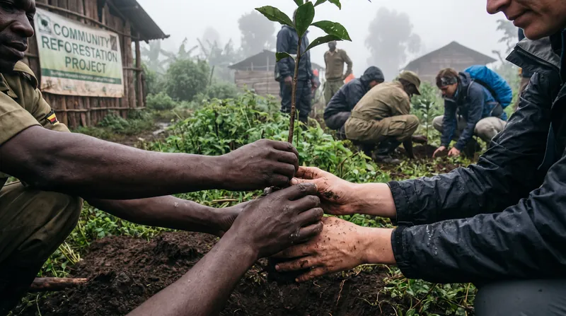 Trekkers and Bakonzo guides participate in mandatory reforestation projects in Kilembe to combat soil erosion and flash floods.