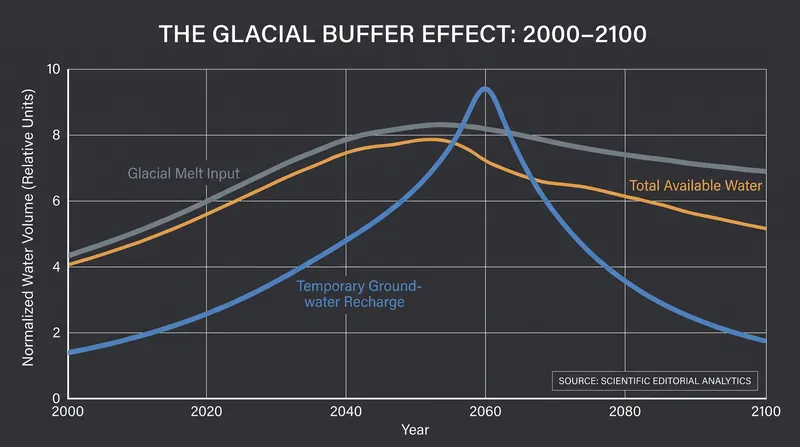 Accelerated glacier melt is temporarily buffering groundwater losses, but this effect is projected to fade by the 2060s.