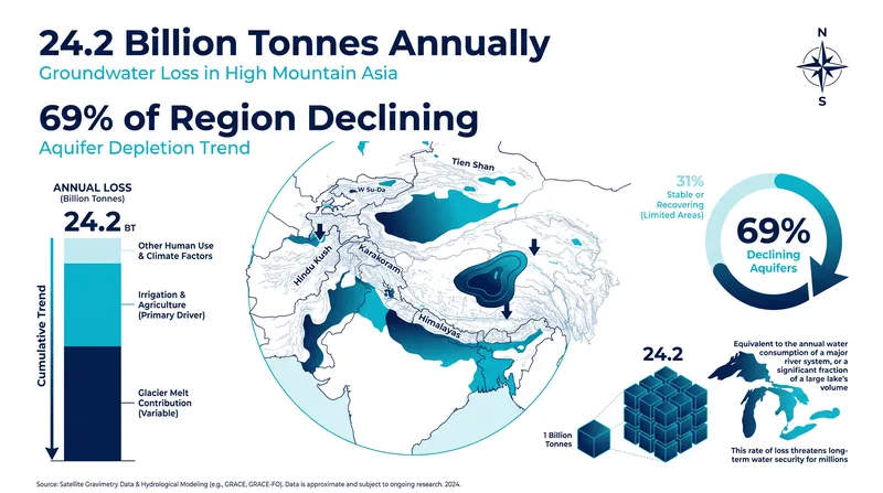 Satellite data reveals a steady decline in groundwater storage across the majority of High Mountain Asia.