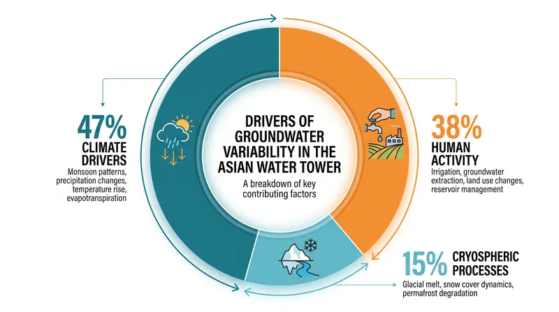 While climate drivers account for nearly half of the variability, human activity—primarily irrigation—drives 38 percent of the decline.
