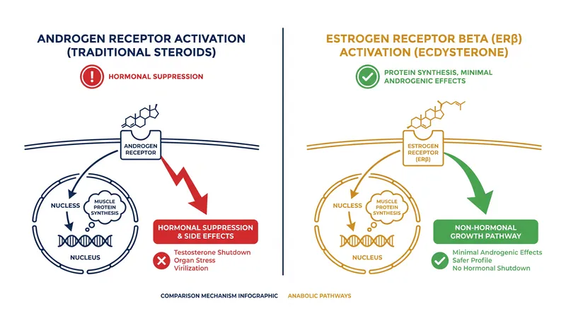 Unlike traditional steroids, ecdysterone stimulates protein synthesis without binding to androgen receptors.