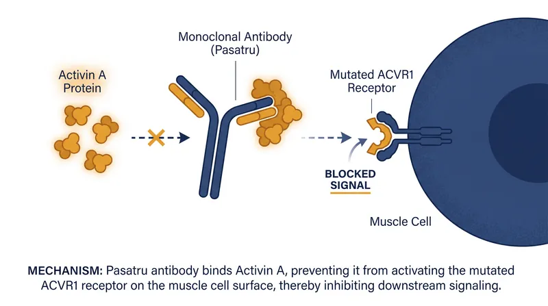Pasatru works by binding to and neutralizing Activin A, preventing it from triggering abnormal bone growth.