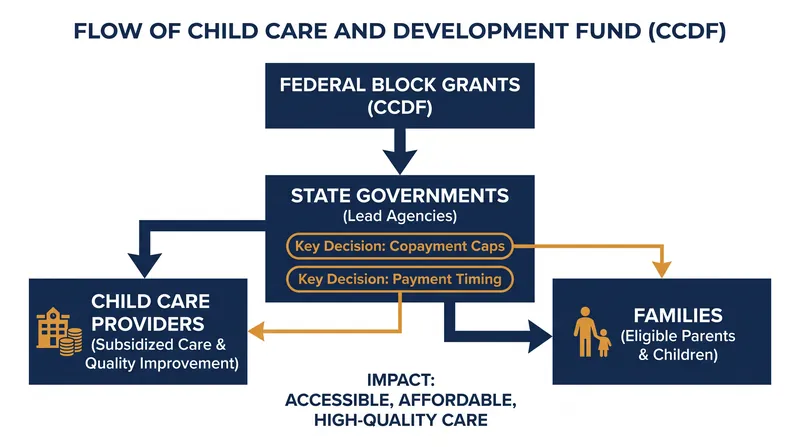 How the Child Care and Development Fund distributes block grants to states, which now have renewed flexibility over copayments and provider reimbursements.