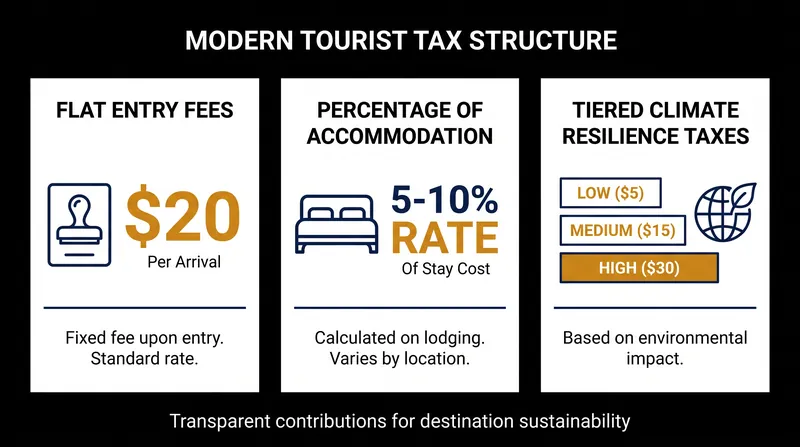 Modern tourist taxes utilize different economic mechanisms, from flat entry fees to dynamic seasonal scaling.