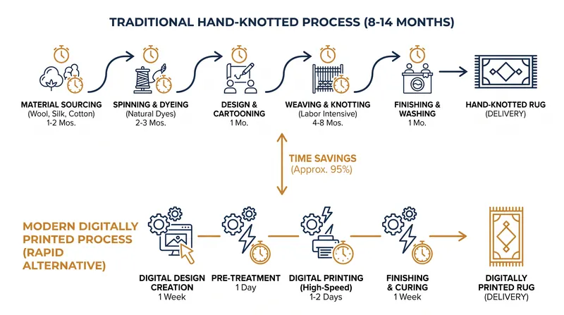 How digital printing bypasses the fragile 12-month timeline of traditional hand-knotted rugs.