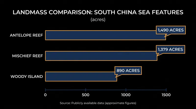 Antelope Reef has surpassed Mischief Reef to become the largest feature in the South China Sea.