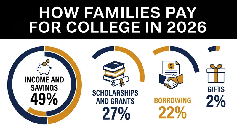 Income and savings now cover nearly half of all college costs for the average American family.