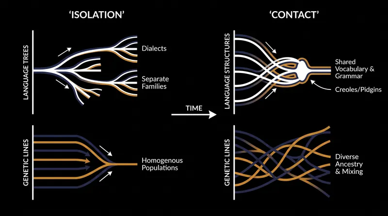 Human contact acts as a biological mixer but a cultural smoother, driving genes and languages in opposite directions.