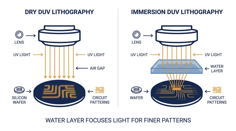 Immersion DUV uses water to refract light more sharply, allowing machines to print smaller, denser circuits than conventional dry systems.