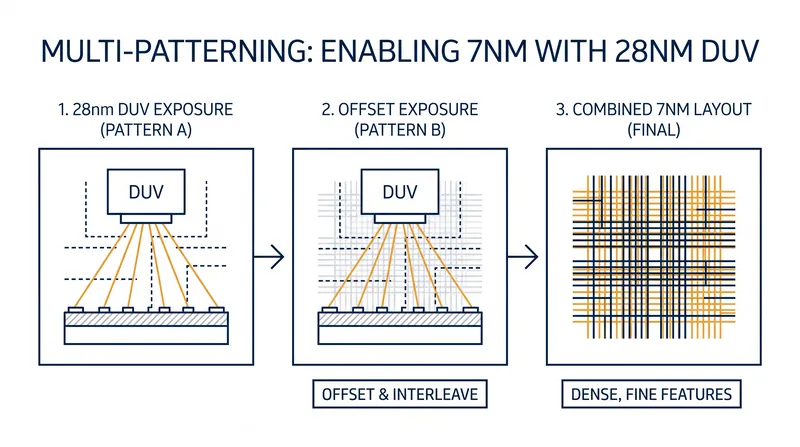 Multi-patterning allows older machines to produce advanced chips by exposing the wafer multiple times, though it increases costs and lowers yields.