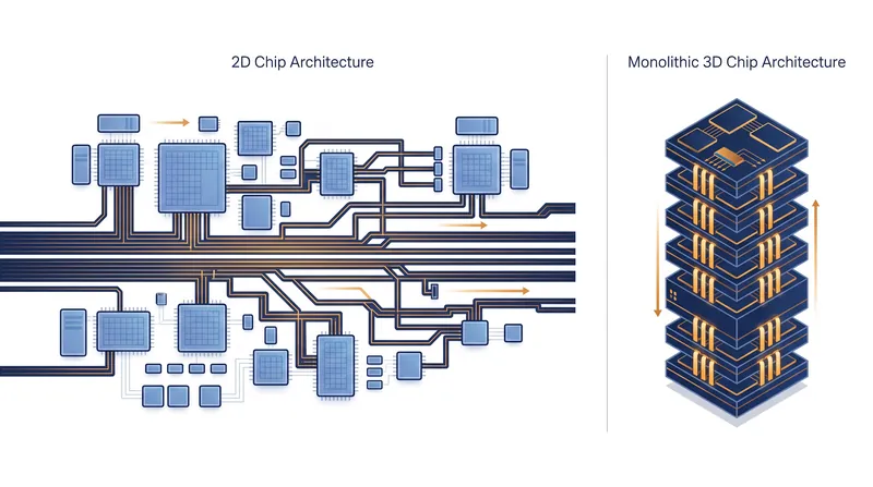 Monolithic 3D integration stacks memory and logic vertically, drastically shortening the distance data must travel.