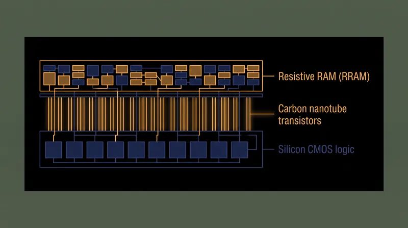 The prototype integrates standard silicon CMOS logic with Resistive RAM, connected by carbon nanotube vertical vias.