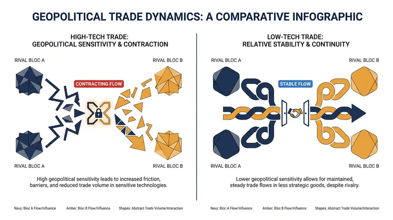 High-tech sectors are decoupling sharply, while low-tech trade remains resilient.