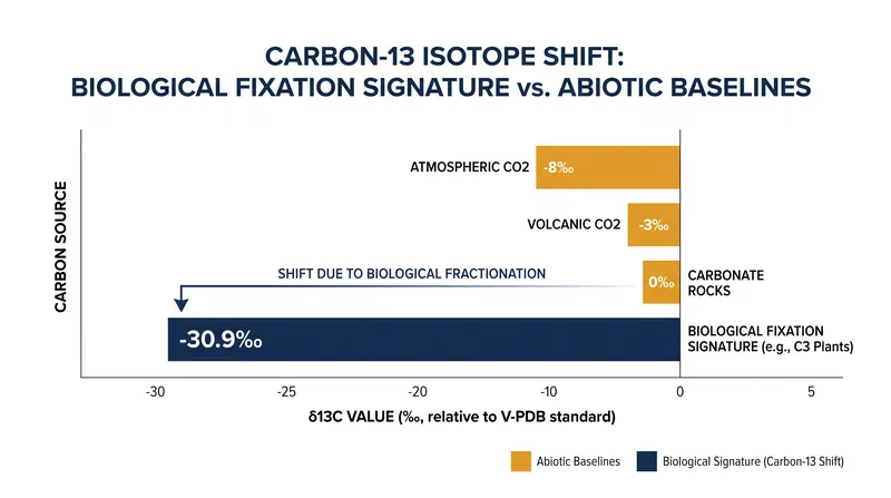 The distinct carbon isotope shift in the rock's kerogen is a strong chemical fingerprint of biological metabolism.