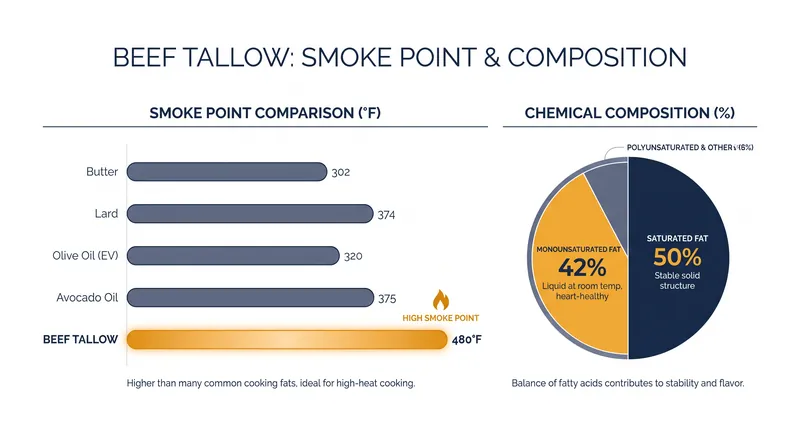 Beef tallow's high saturated fat content gives it exceptional stability at high cooking temperatures.