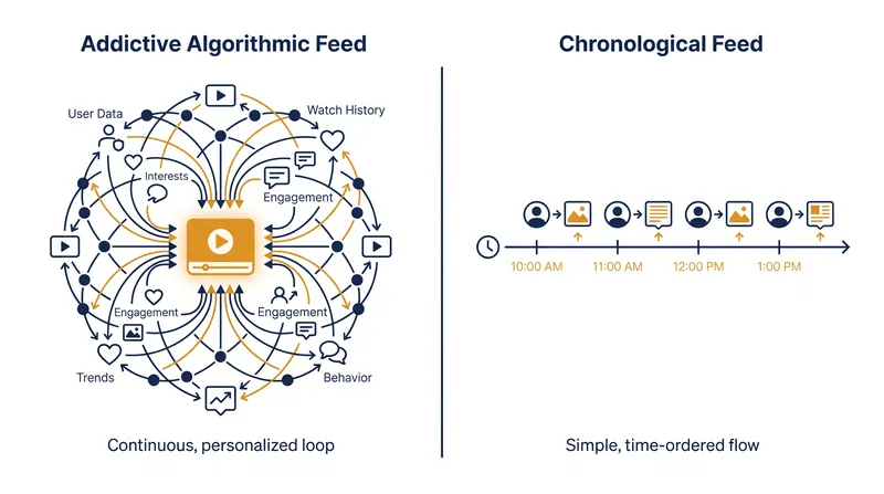 The structural difference between an algorithmic feed and a chronological feed.