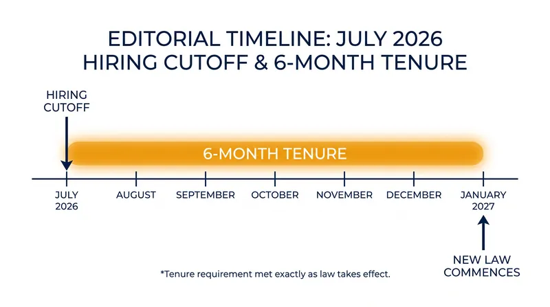 Because the law grants immediate protection to anyone with six months of service on January 1, 2027, the effective deadline for employers has already passed.