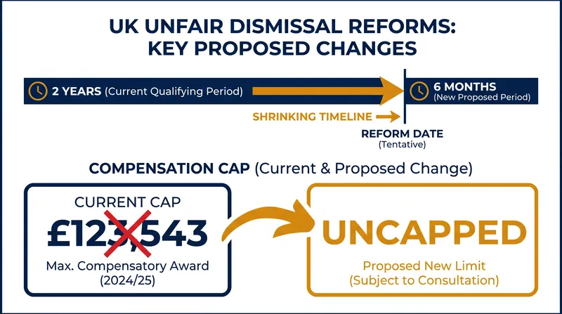 The Employment Rights Act 2025 reduces the qualifying period by 75 percent and removes the statutory ceiling on compensation.