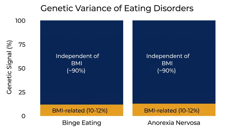 Roughly 90 percent of the genetic signal for binge eating and anorexia nervosa is entirely independent of a person's body weight.