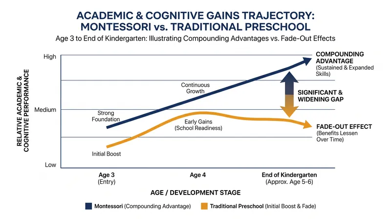 Unlike traditional preschool models, the cognitive and academic benefits of Montessori education grew stronger by the end of kindergarten.