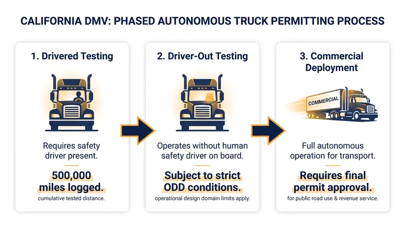 California's regulatory framework requires developers to complete 500,000 miles of drivered testing before applying for driverless deployment.
