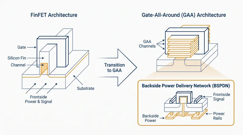 Gate-All-Around (GAA) architecture surrounds the silicon channel to prevent power leakage at the atomic scale.