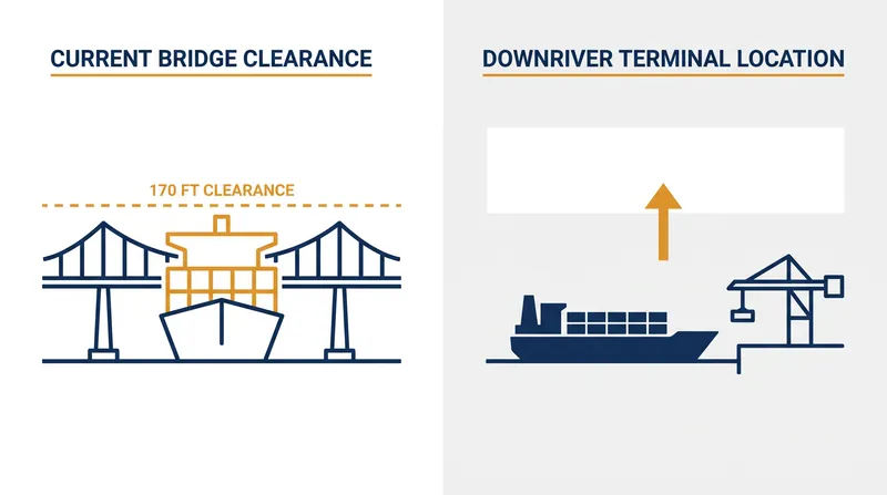 By locating downriver from the Crescent City Connection, the new terminal bypasses the 170-foot air draft restriction that currently limits vessel size.