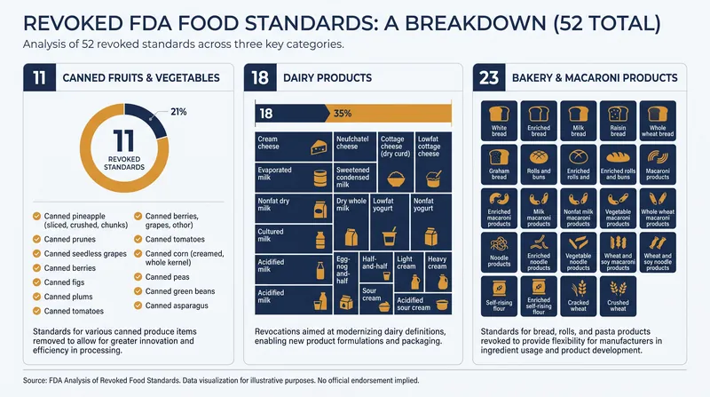 The 52 revoked standards span multiple grocery categories, from dairy to canned goods.
