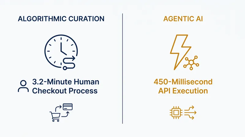 Agentic AI bypasses the visual web interface, reducing transaction latency from minutes to milliseconds.