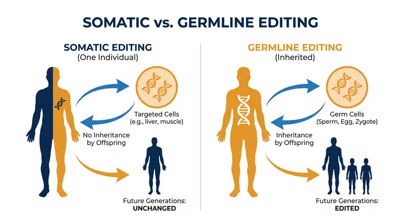 Somatic modifications end with the patient; germline modifications are inherited by all future generations.