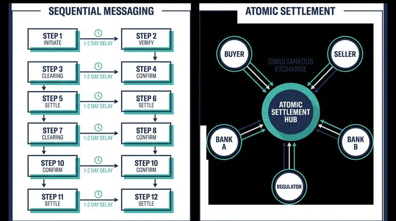 Atomic settlement collapses multi-step correspondent banking chains into a single, simultaneous transaction.