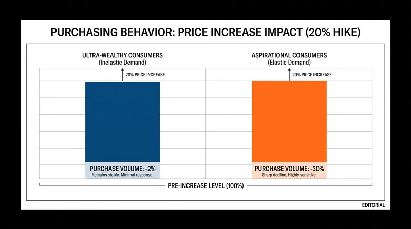 Aspirational buyers are significantly more sensitive to price hikes than the ultra-wealthy core consumer.