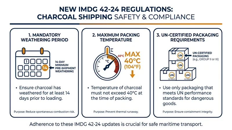 Under IMDG Code Amendment 42-24, charcoal shipments must meet strict physical and temperature controls before loading.