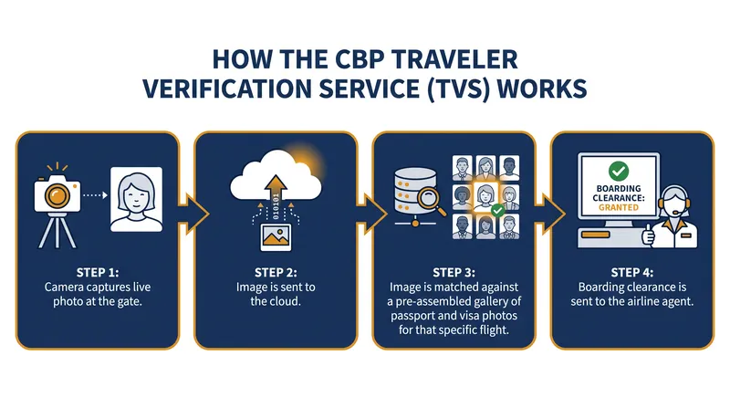 The biometric exit process matches a live photograph against a flight-specific gallery of existing travel documents.
