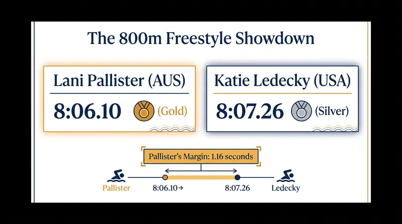 Pallister's winning time of 8:06.10 erased Ledecky's championship record and stands as the seventh-fastest swim in history.