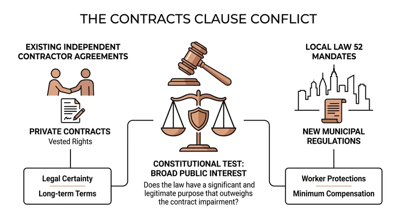 The legal argument centers on whether the city's regulations unconstitutionally impair existing private contracts.