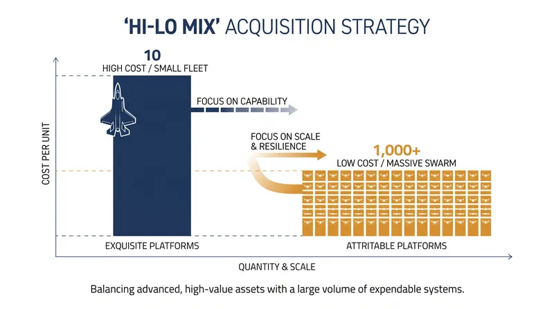 The strategy mandates a shift toward acquiring lower-cost, attritable platforms in mass to complement exquisite legacy systems.