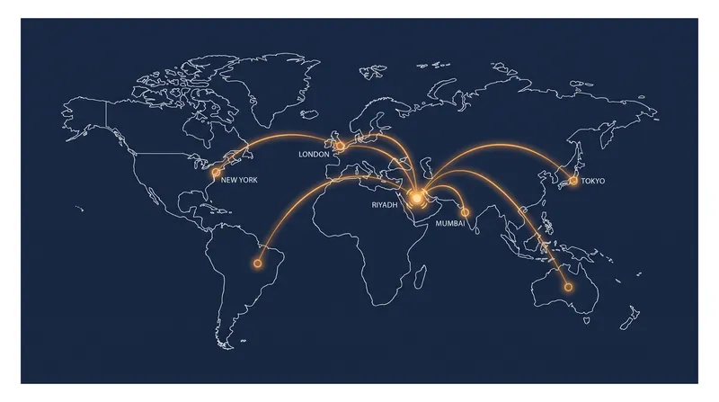 The megahub aims to leverage Riyadh's geographic position to capture a massive share of Europe-to-Asia transit traffic.