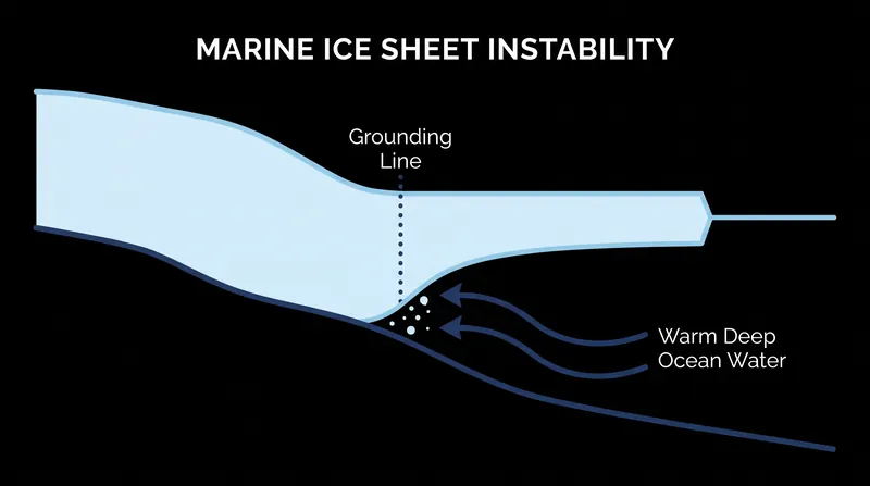 Because the bedrock slopes downward inland, retreating grounding lines expose increasingly thicker ice to the ocean, creating a self-sustaining collapse.