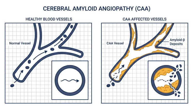In cerebral amyloid angiopathy, amyloid-beta proteins accumulate in the walls of blood vessels, weakening them and increasing the risk of hemorrhages.