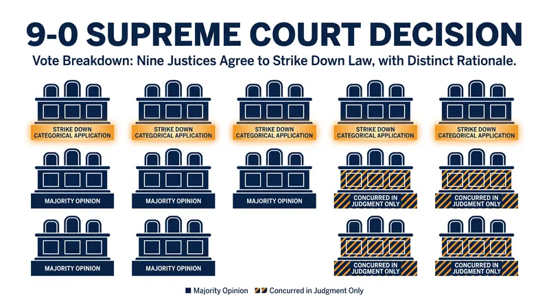 While the Court voted 9-0 to dismiss the charge, several justices offered differing rationales through concurring opinions.