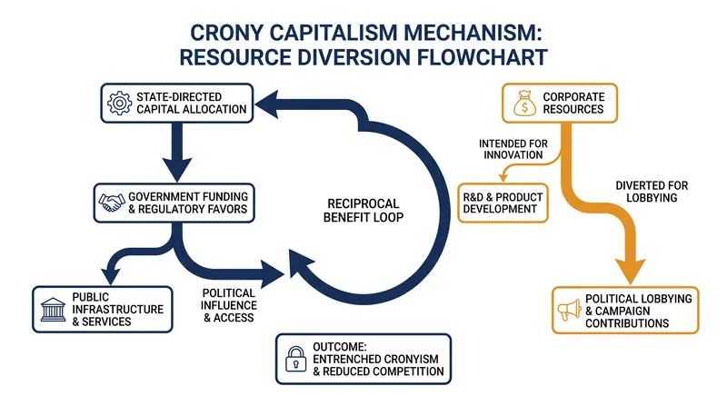 The mechanism of rent-seeking: how state intervention shifts corporate focus from innovation to political lobbying.